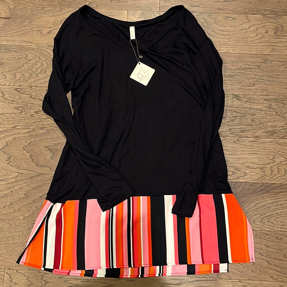 Buttery soft black tunic/dress with stripe detail hem!